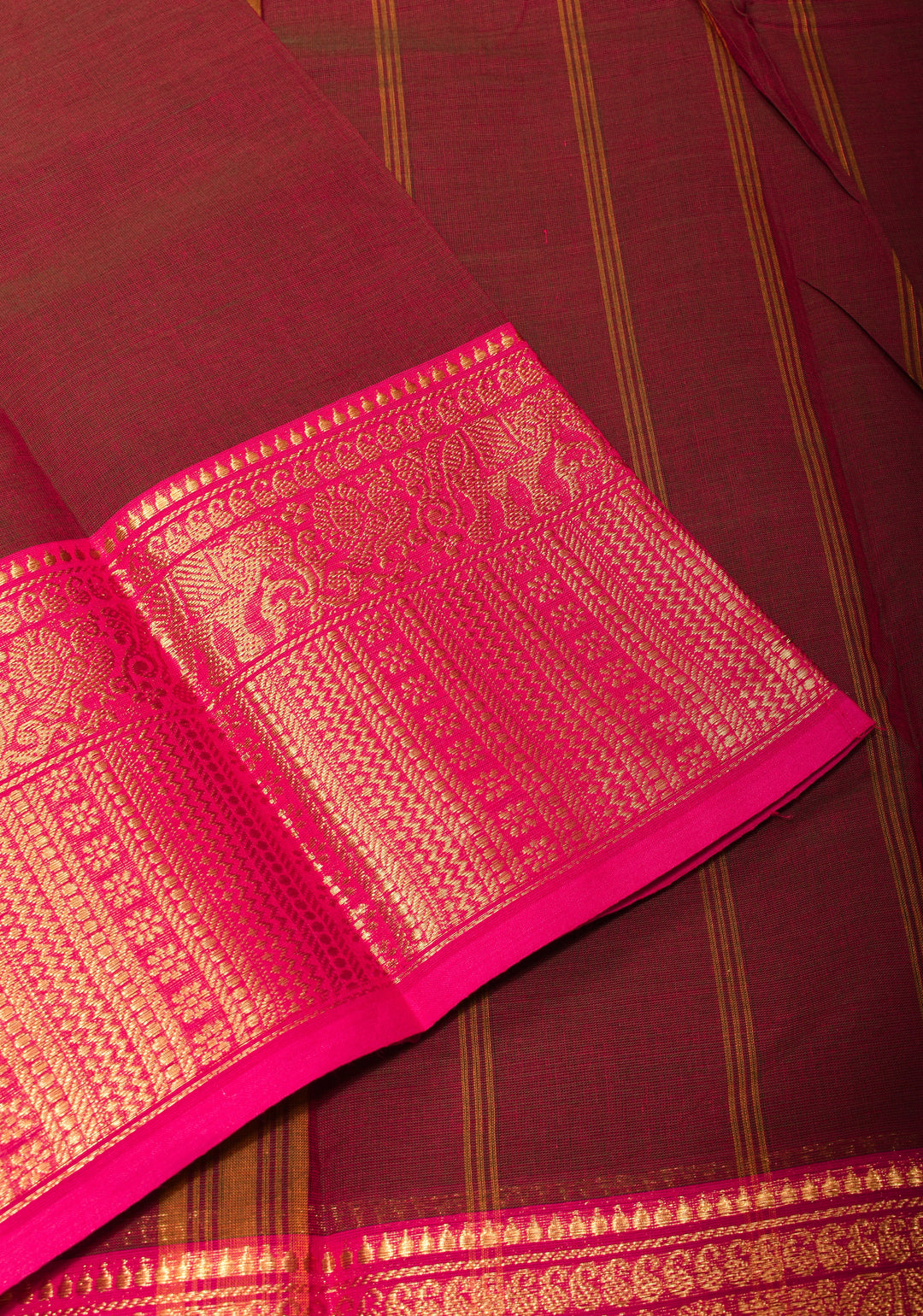 Dark Maroon Cotton Silk Saree with Pink contrast Zari Border, No Blouse Piece