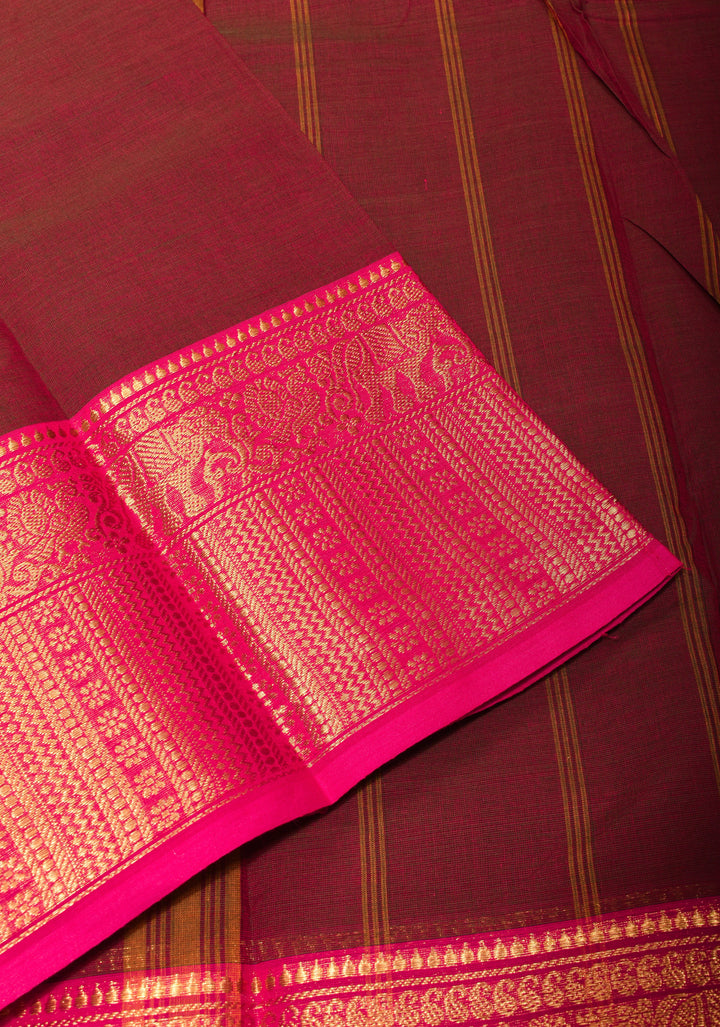 Dark Maroon Cotton Silk Saree with Pink contrast Zari Border, No Blouse Piece