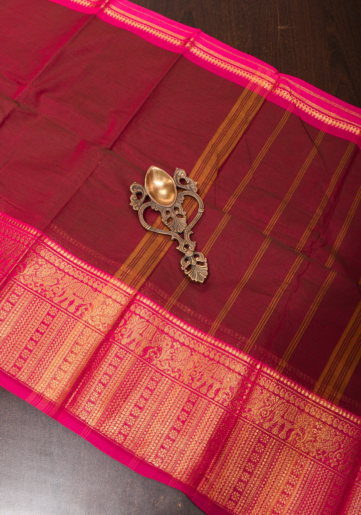 Dark Maroon Cotton Silk Saree with Pink contrast Zari Border, No Blouse Piece
