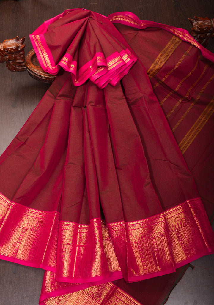 Dark Maroon Cotton Silk Saree with Pink contrast Zari Border, No Blouse Piece