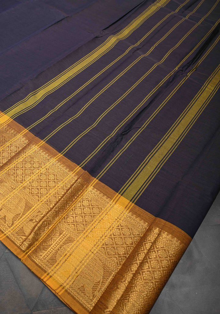 Deep Purple Kanchi Cotton Saree with Contract zari border, No Blouse piece