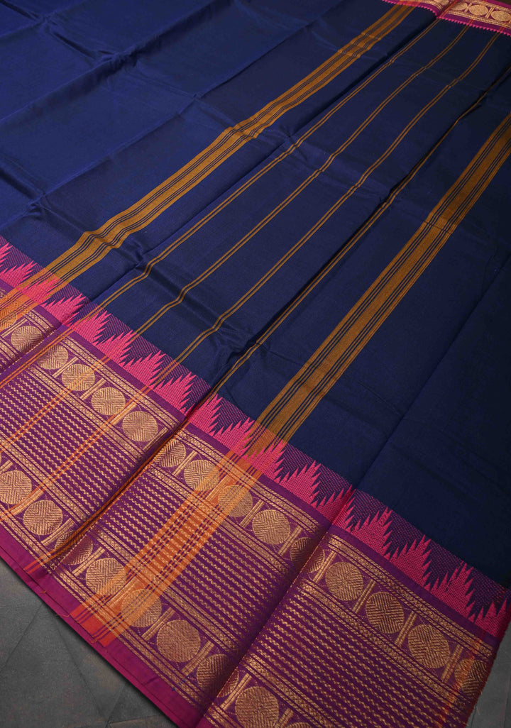 Prussian Blue Kanchi Cotton Saree with Contrast Zari Border | No Blouse piece