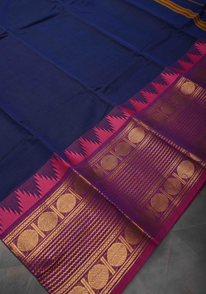 Prussian Blue Kanchi Cotton Saree with Contrast Zari Border | No Blouse piece