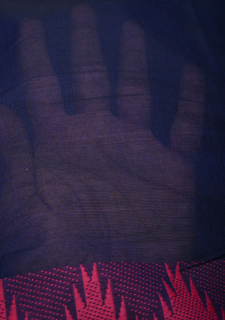 Prussian Blue Kanchi Cotton Saree with Contrast Zari Border | No Blouse piece