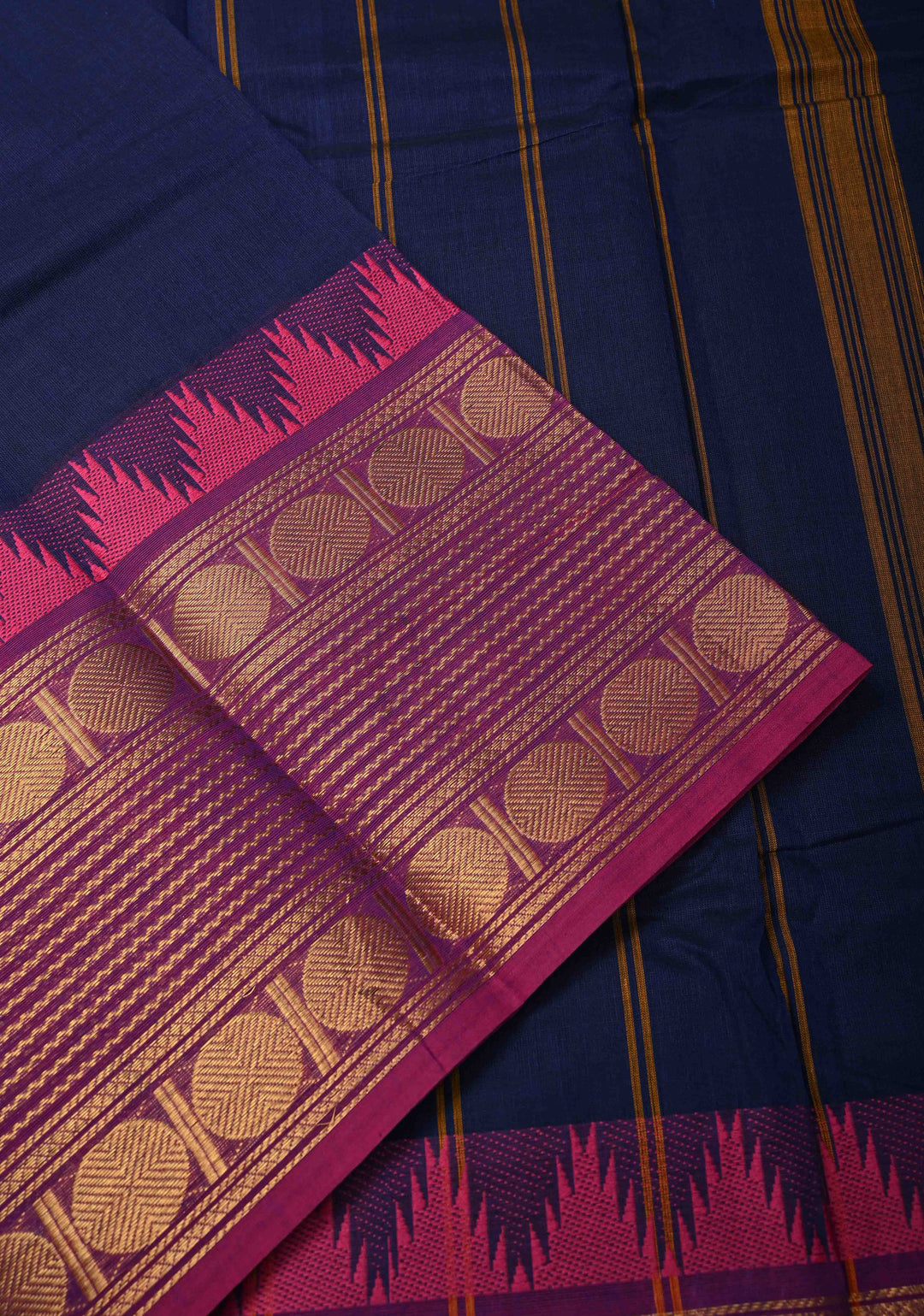 Prussian Blue Kanchi Cotton Saree with Contrast Zari Border | No Blouse piece