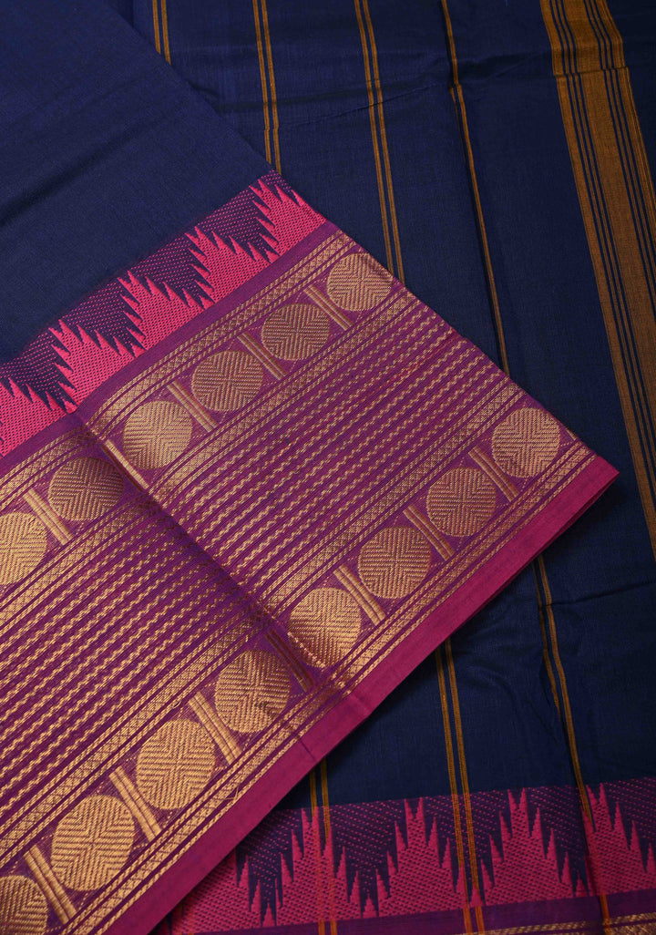 Prussian Blue Kanchi Cotton Saree with Contrast Zari Border | No Blouse piece