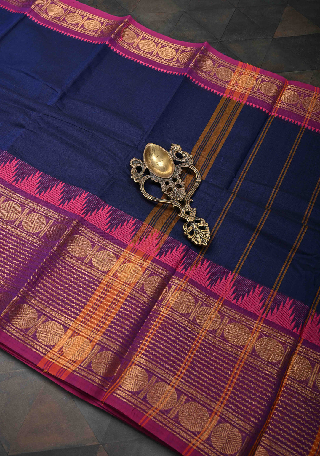 Prussian Blue Kanchi Cotton Saree with Contrast Zari Border | No Blouse piece