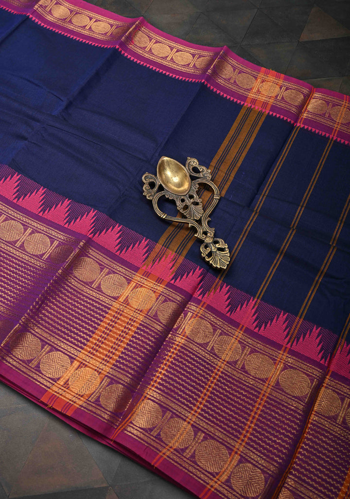 Prussian Blue Kanchi Cotton Saree with Contrast Zari Border | No Blouse piece