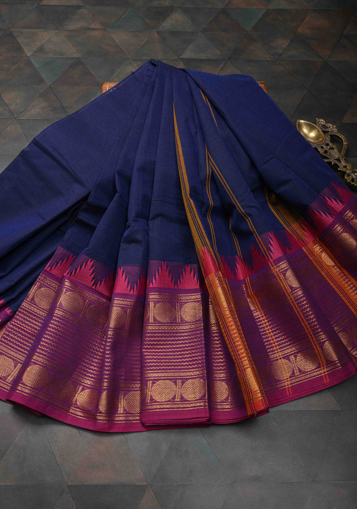 Prussian Blue Kanchi Cotton Saree with Contrast Zari Border | No Blouse piece