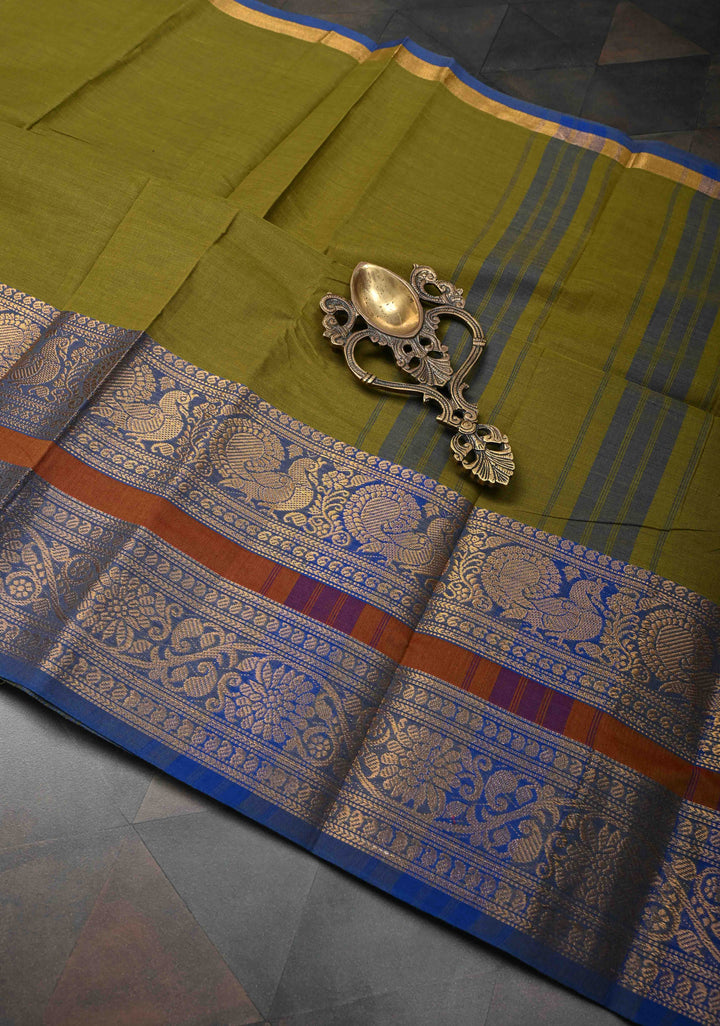 Olive Green Kanchi Cotton Saree with Contrast Zari Border | No Blouse piece