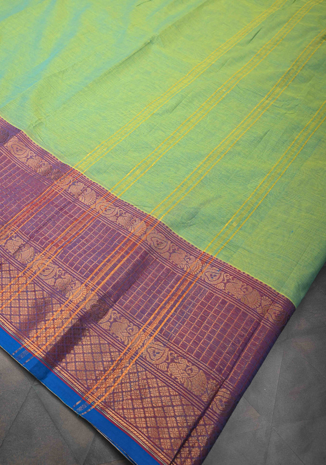 Lemon green Kanchi Cotton Saree with contrast border , No Blouse piece
