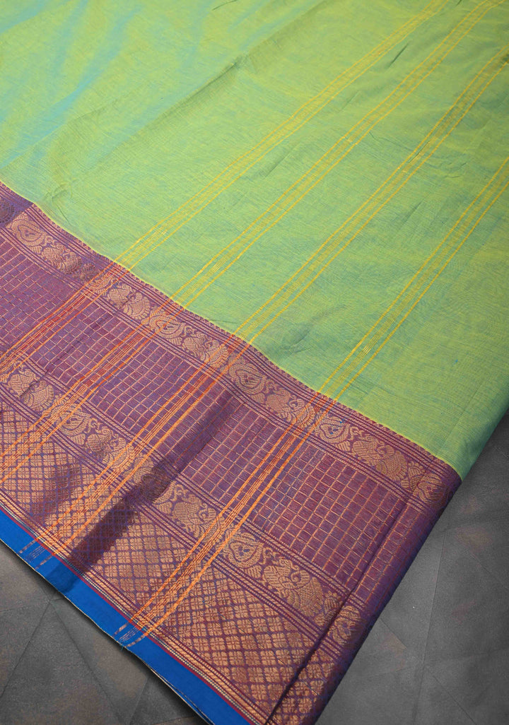 Lemon green Kanchi Cotton Saree with contrast border , No Blouse piece