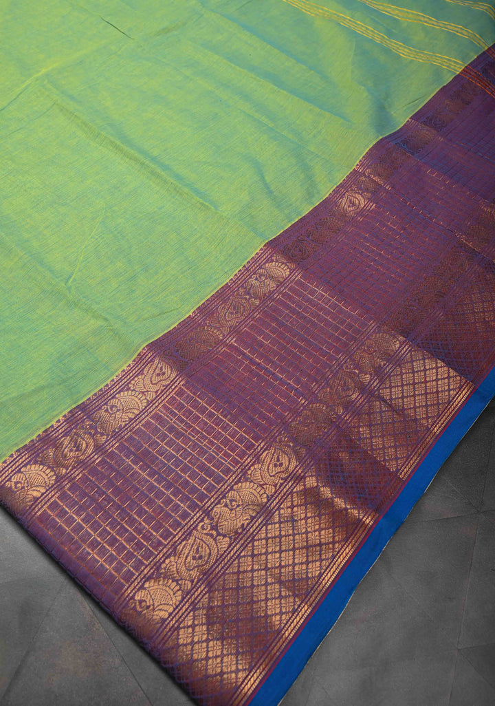 Lemon green Kanchi Cotton Saree with contrast border , No Blouse piece