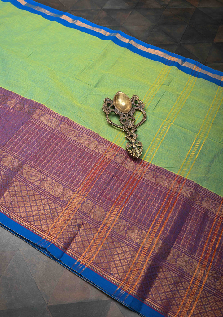 Lemon green Kanchi Cotton Saree with contrast border , No Blouse piece