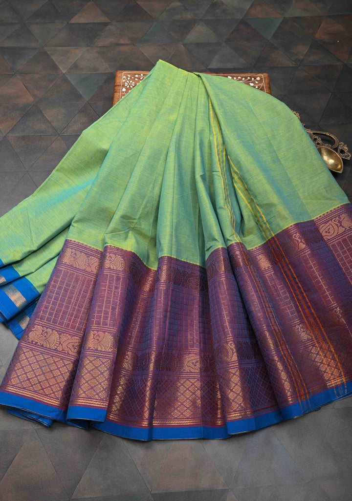 Lemon green Kanchi Cotton Saree with contrast border , No Blouse piece