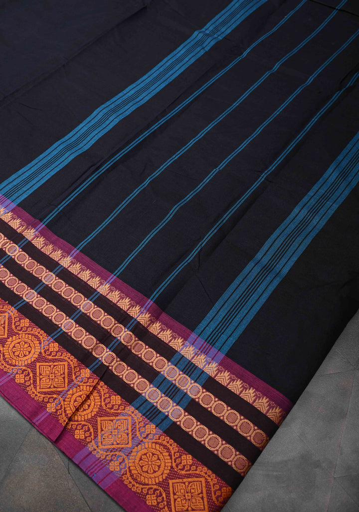 Blue Black Kanchi Cotton Saree with Contrast Zari Border, No Blouse piece