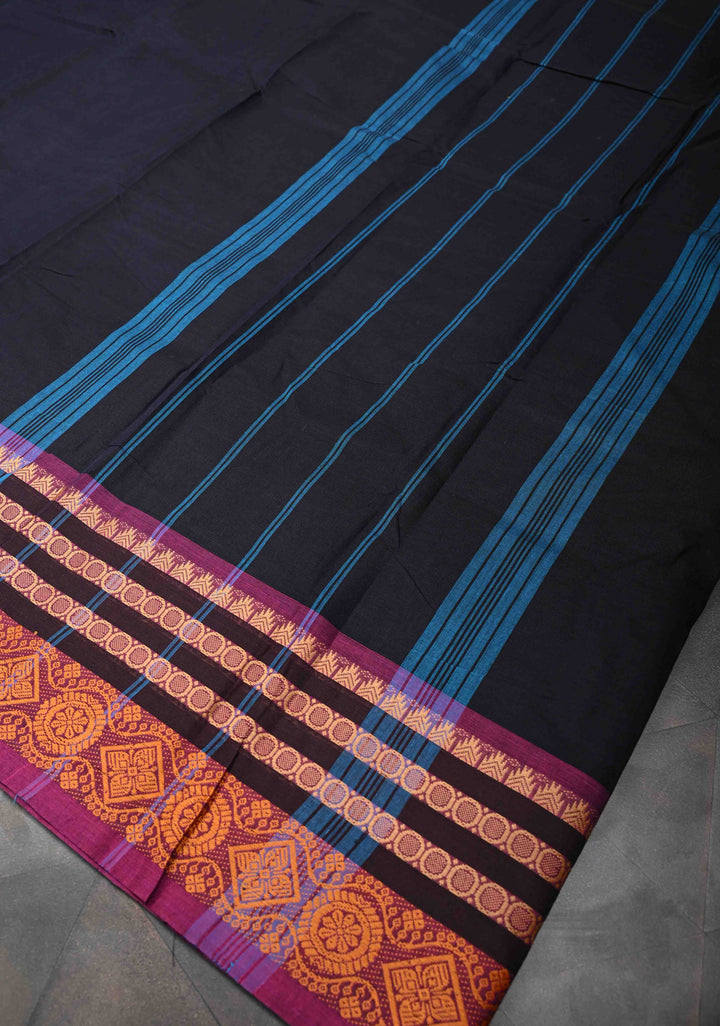Blue Black Kanchi Cotton Saree with Contrast Zari Border, No Blouse piece