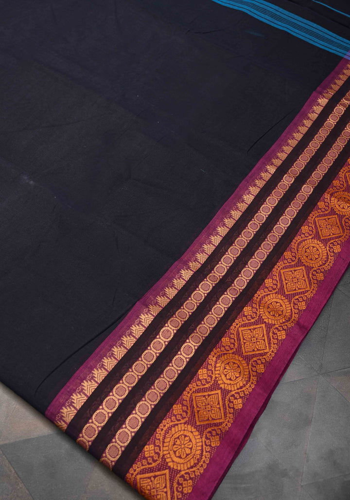 Blue Black Kanchi Cotton Saree with Contrast Zari Border, No Blouse piece