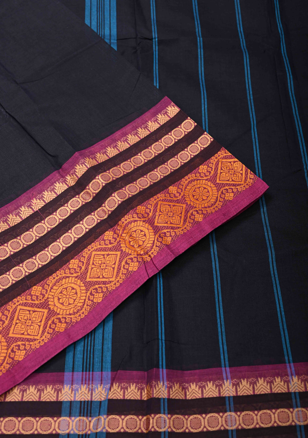 Blue Black Kanchi Cotton Saree with Contrast Zari Border, No Blouse piece