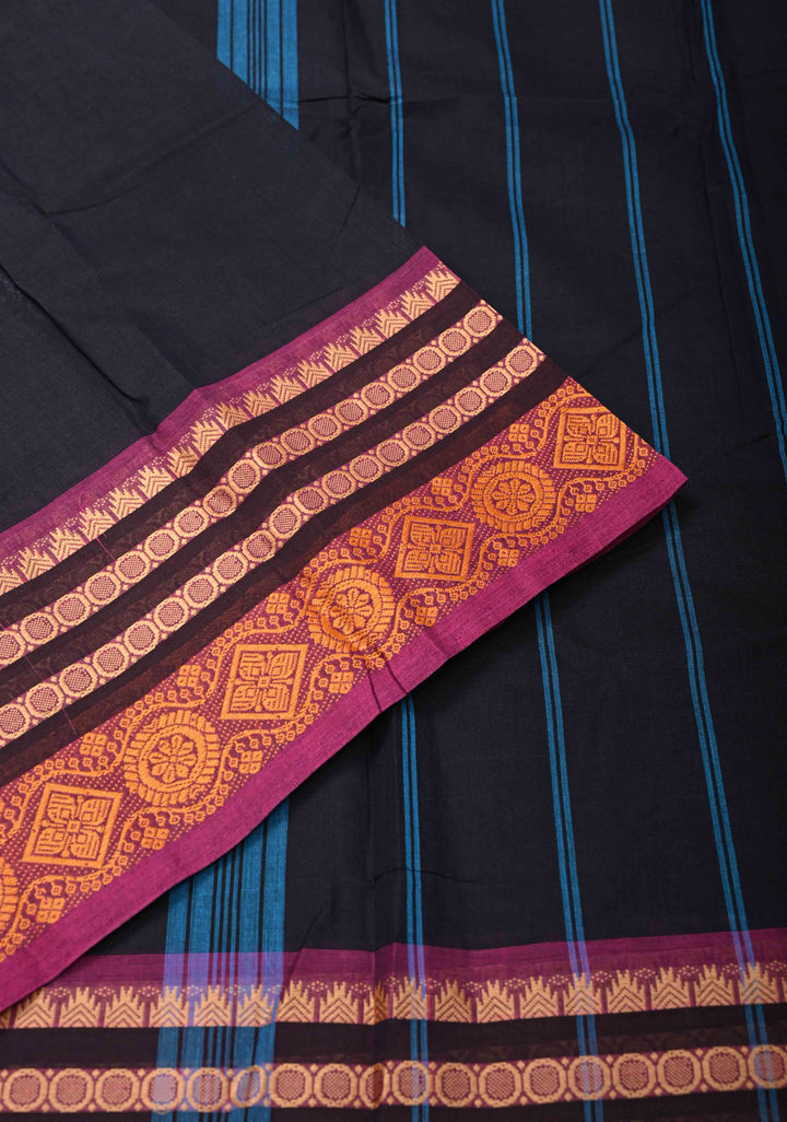 Blue Black Kanchi Cotton Saree with Contrast Zari Border, No Blouse piece