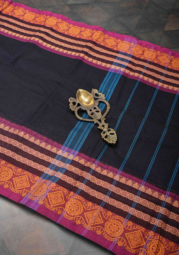 Blue Black Kanchi Cotton Saree with Contrast Zari Border, No Blouse piece