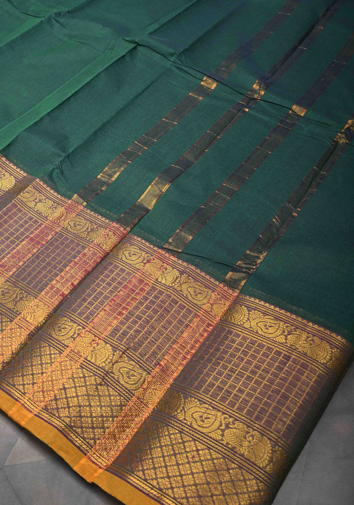 Pine Green Kanchi Cotton Saree with contrast Zari border, No Blouse piece