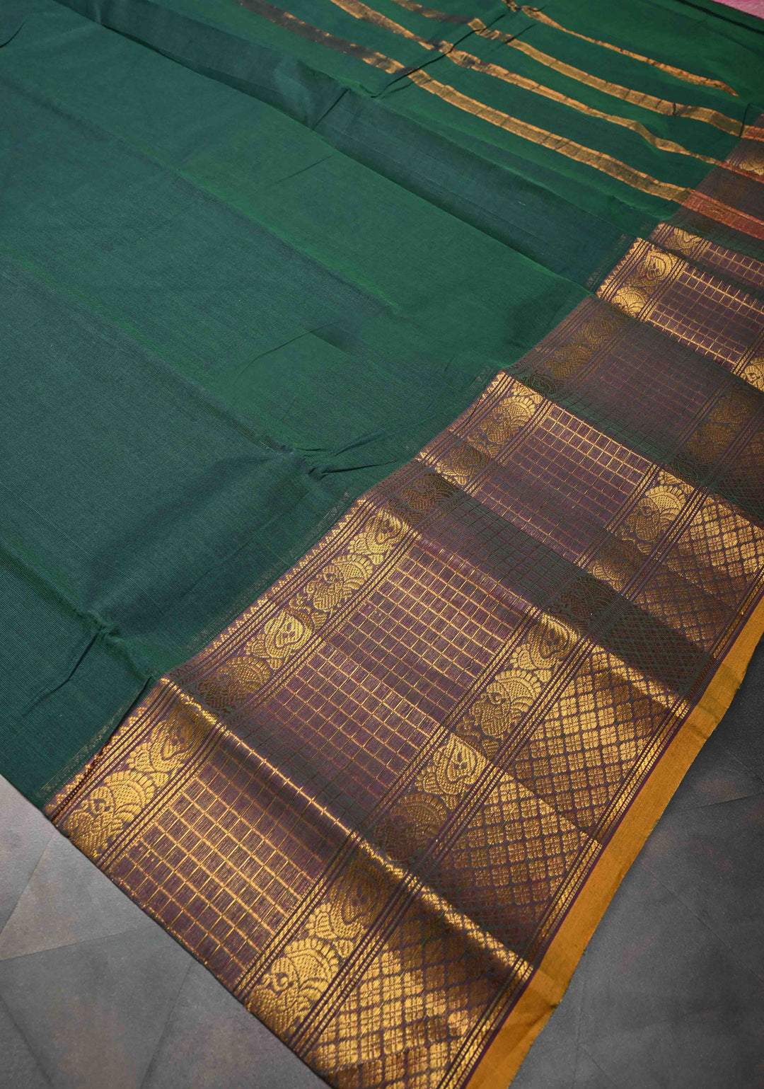 Pine Green Kanchi Cotton Saree with contrast Zari border, No Blouse piece