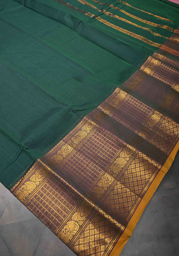 Pine Green Kanchi Cotton Saree with contrast Zari border, No Blouse piece