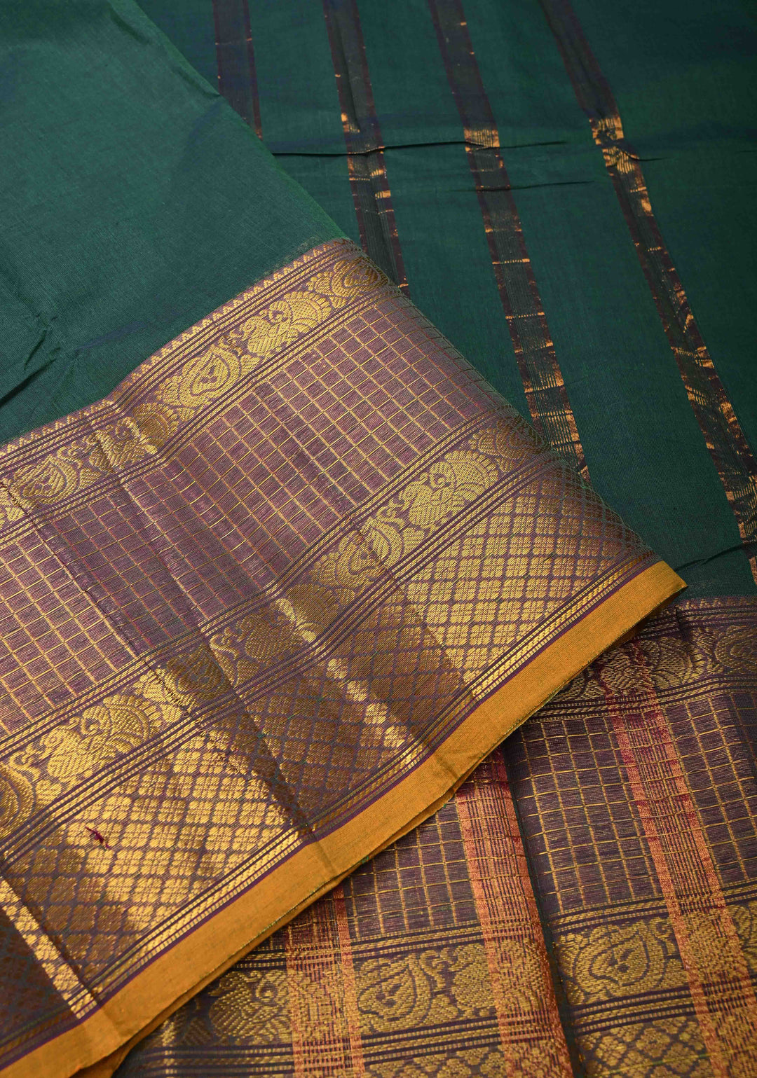 Pine Green Kanchi Cotton Saree with contrast Zari border, No Blouse piece