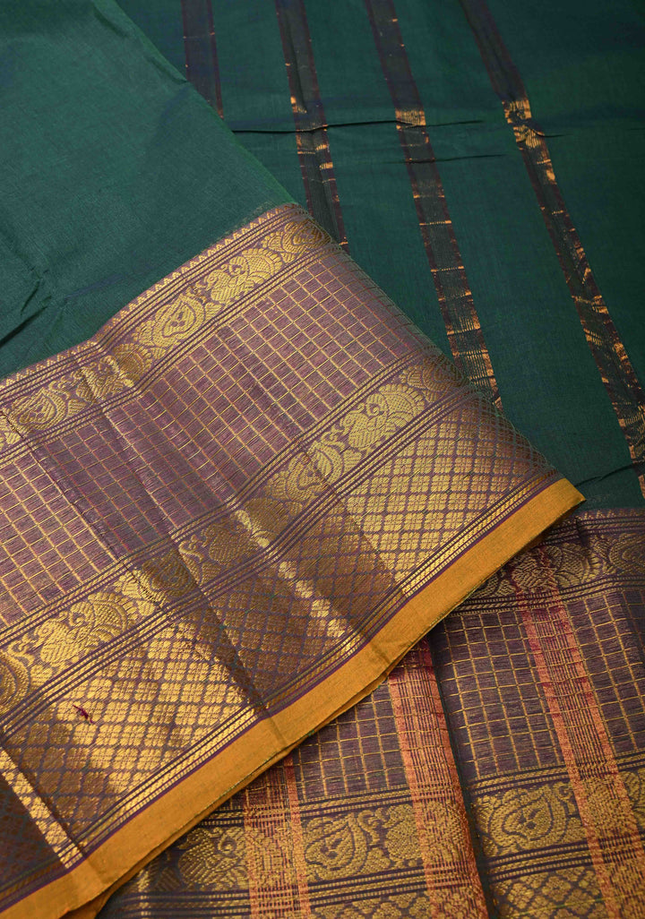 Pine Green Kanchi Cotton Saree with contrast Zari border, No Blouse piece