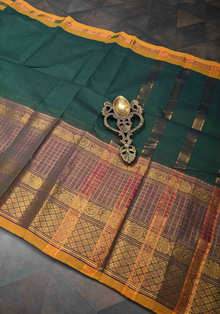 Pine Green Kanchi Cotton Saree with contrast Zari border, No Blouse piece