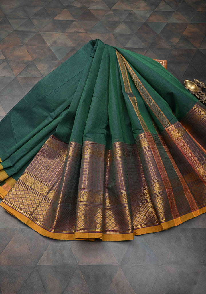 Pine Green Kanchi Cotton Saree with contrast Zari border, No Blouse piece