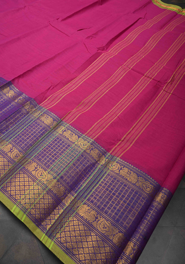 Pink Kanchi Cotton Saree with Podi Kattam Checks Zari Border | No Blouse piece