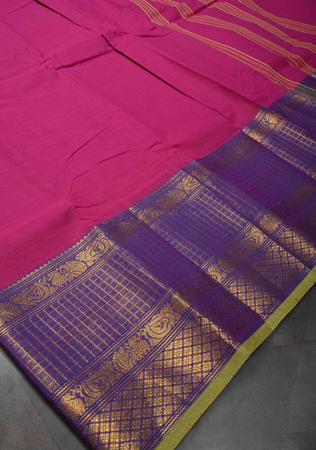 Pink Kanchi Cotton Saree with Podi Kattam Checks Zari Border | No Blouse piece