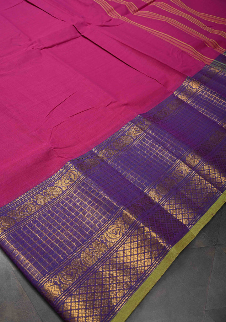 Pink Kanchi Cotton Saree with Podi Kattam Checks Zari Border | No Blouse piece