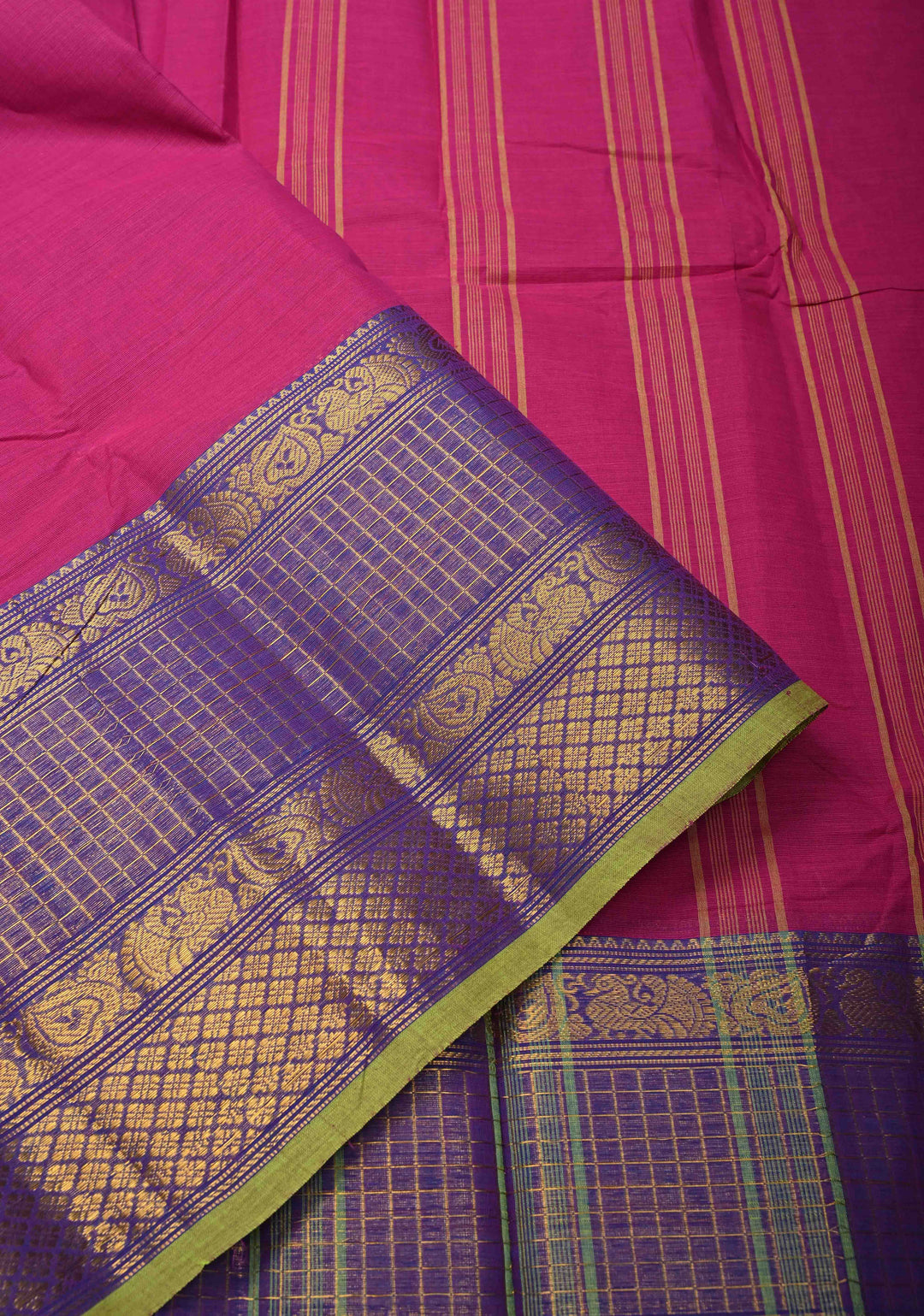Pink Kanchi Cotton Saree with Podi Kattam Checks Zari Border | No Blouse piece