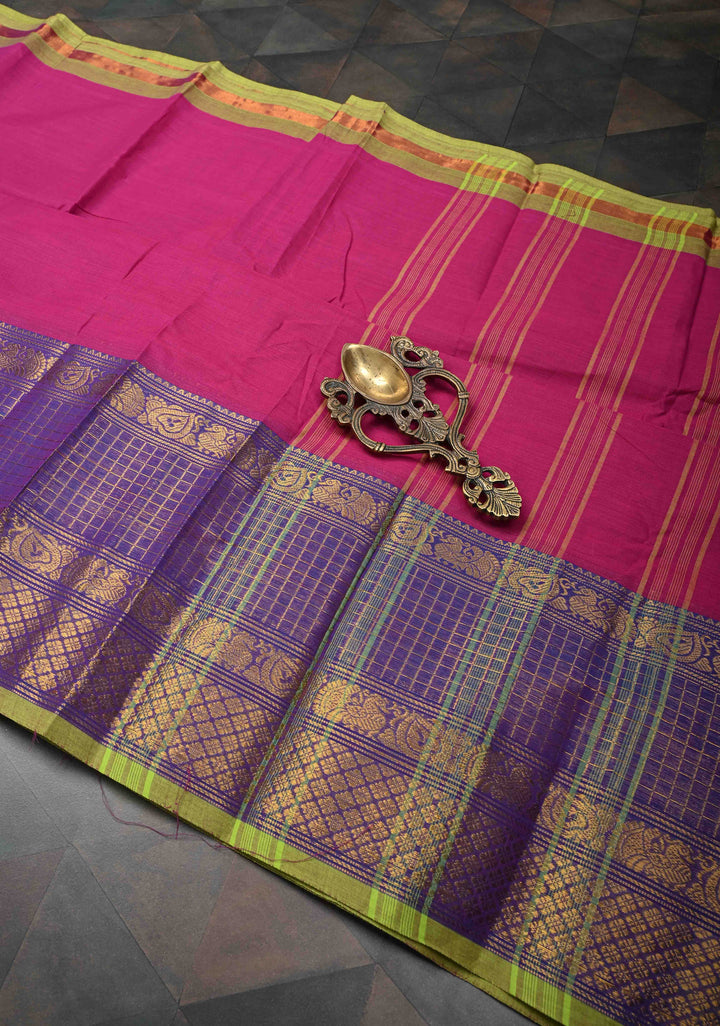 Pink Kanchi Cotton Saree with Podi Kattam Checks Zari Border | No Blouse piece