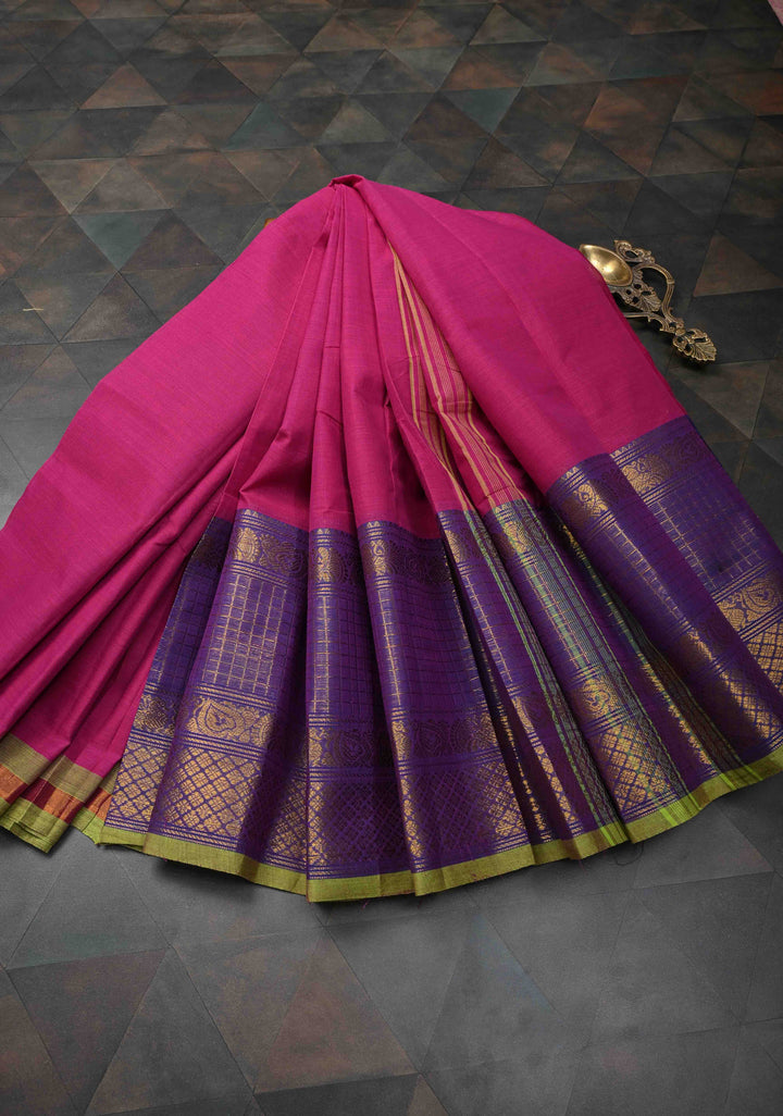 Pink Kanchi Cotton Saree with Podi Kattam Checks Zari Border | No Blouse piece