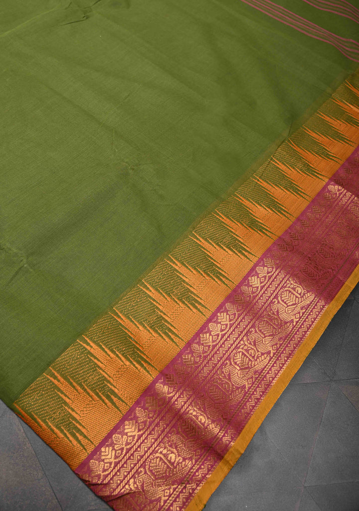 Oilve green Kanchi Cotton Saree with temple border , No Blouse piece