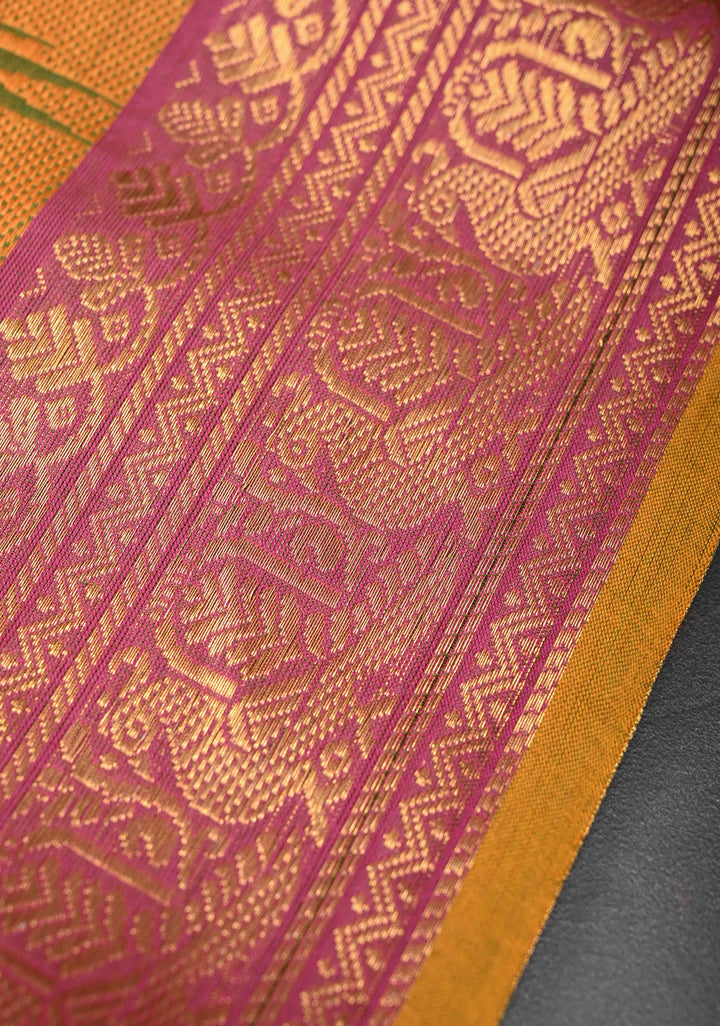 Oilve green Kanchi Cotton Saree with temple border , No Blouse piece