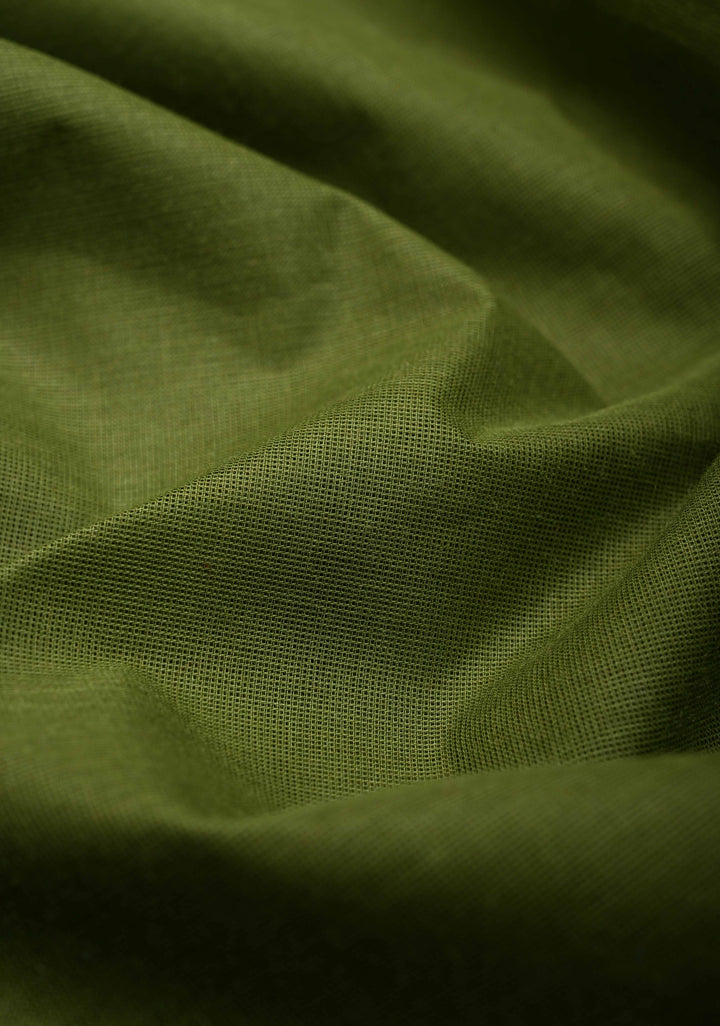 Oilve green Kanchi Cotton Saree with temple border , No Blouse piece