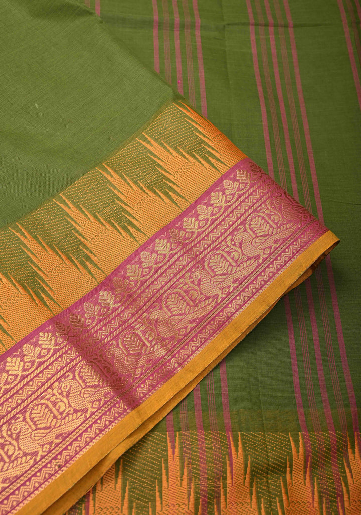Oilve green Kanchi Cotton Saree with temple border , No Blouse piece