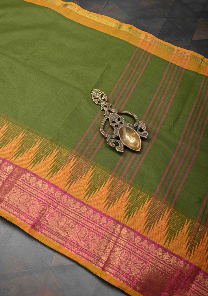 Oilve green Kanchi Cotton Saree with temple border , No Blouse piece