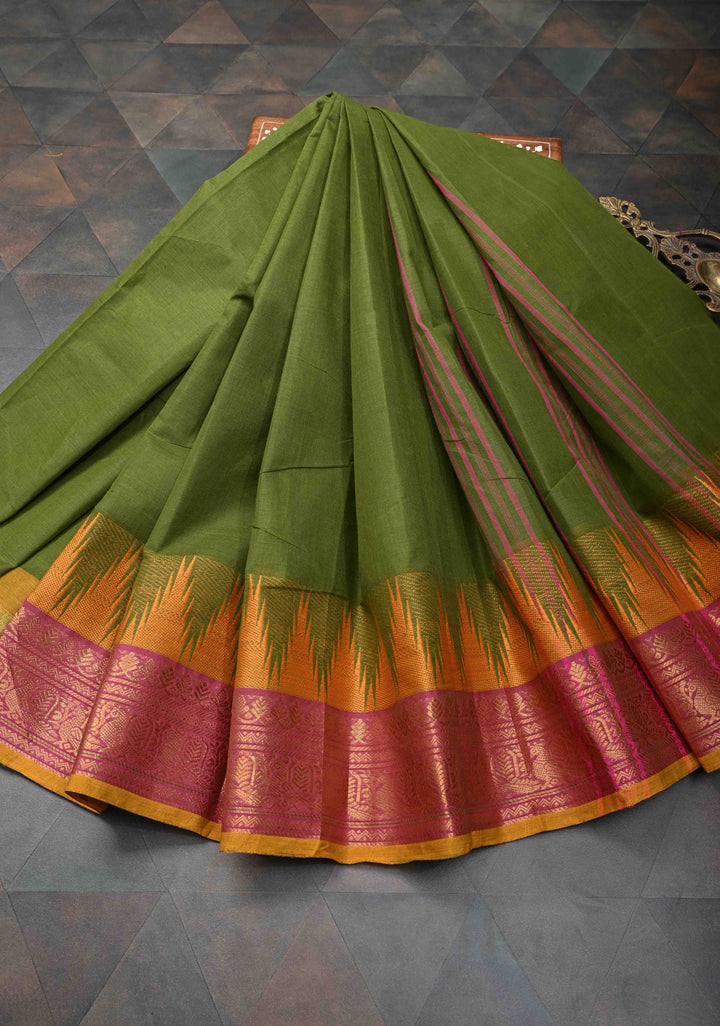 Oilve green Kanchi Cotton Saree with temple border , No Blouse piece