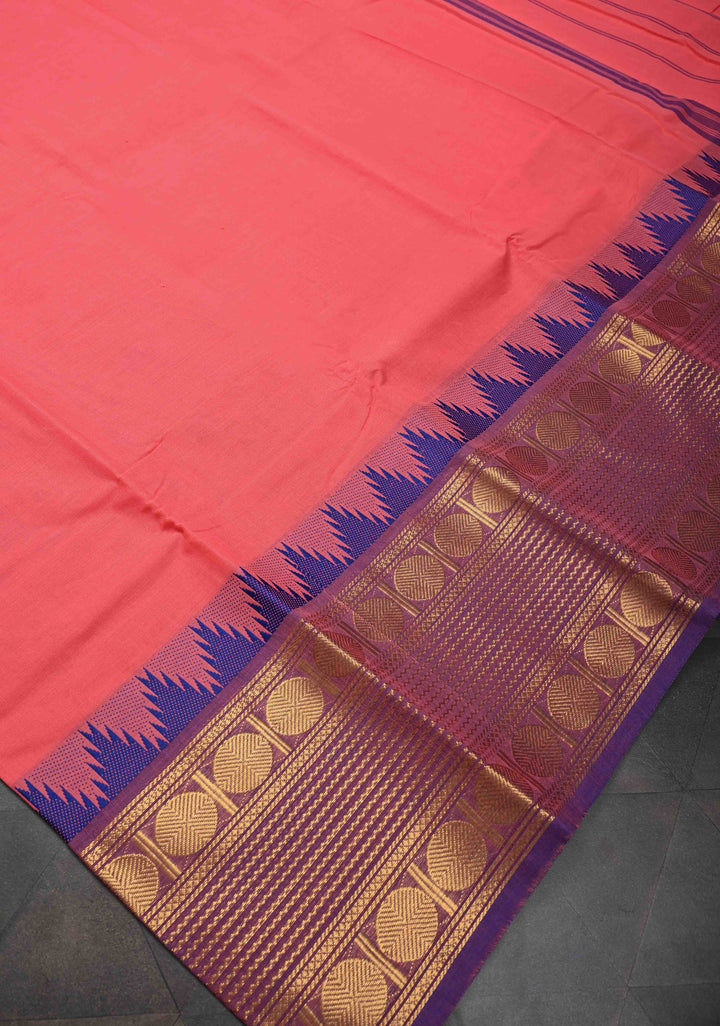 Salmon Kanchi Cotton Saree with Contrast Zari Border | No Blouse piece
