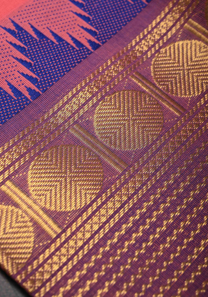 Salmon Kanchi Cotton Saree with Contrast Zari Border | No Blouse piece