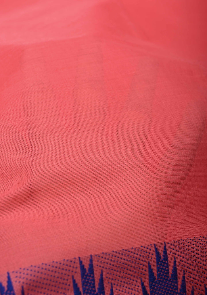 Salmon Kanchi Cotton Saree with Contrast Zari Border | No Blouse piece