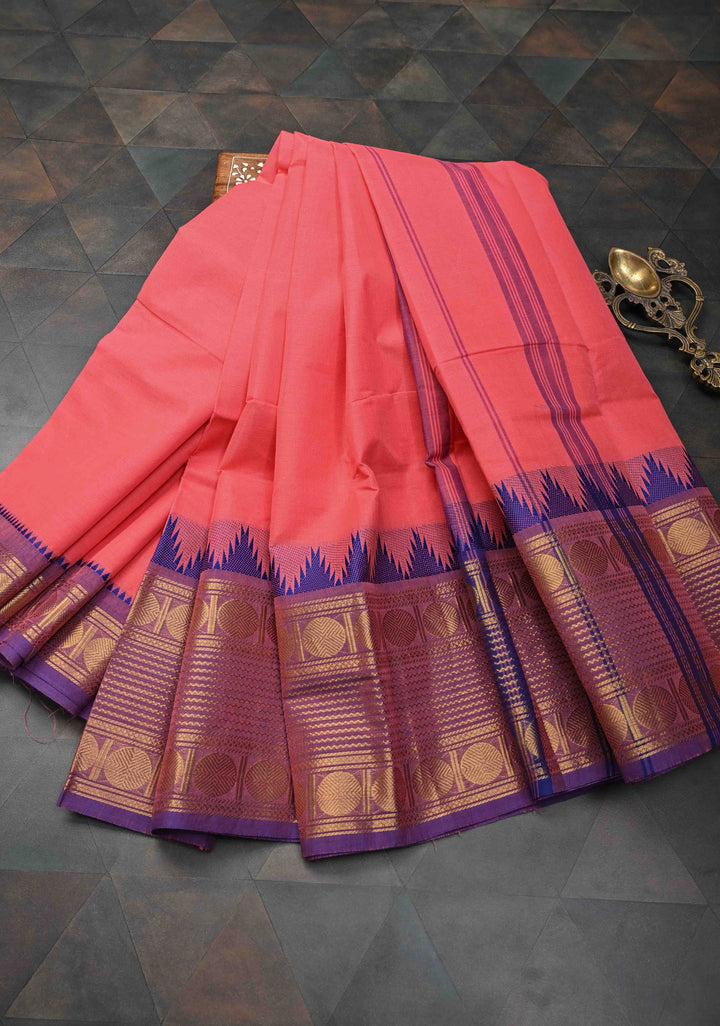 Salmon Kanchi Cotton Saree with Contrast Zari Border | No Blouse piece