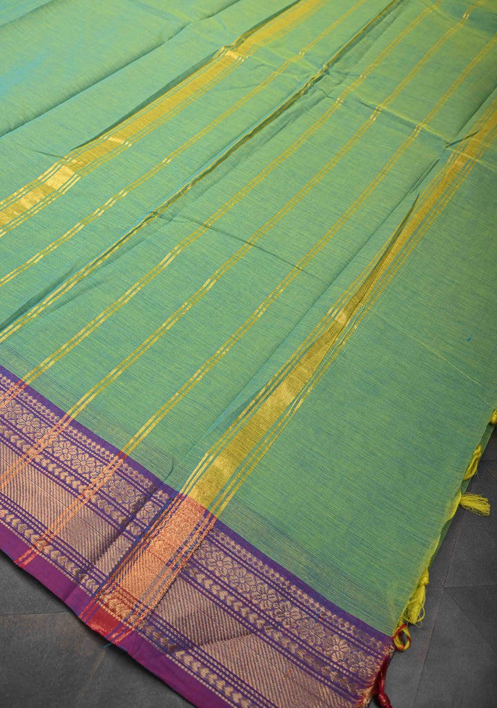 Emerald Green Kanchi Cotton Saree with Contrast Zari Border | No Blouse piece