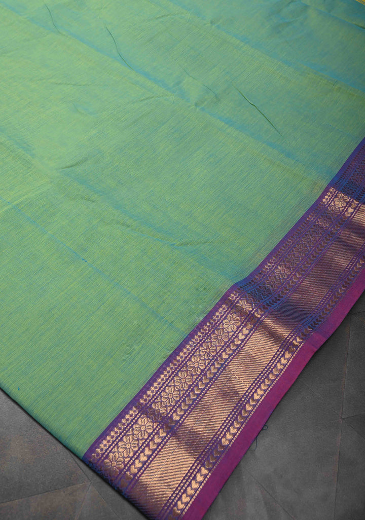 Emerald Green Kanchi Cotton Saree with Contrast Zari Border | No Blouse piece